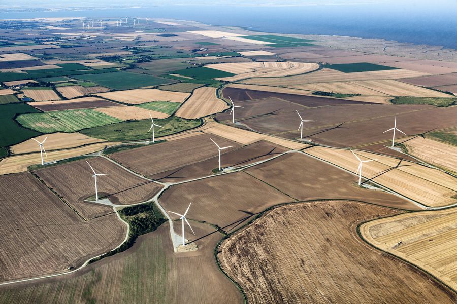Aerial view of the wind farms in Monsale, England.
